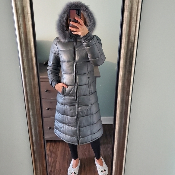 The Leather Company Gray Metallic Leather Jacket Coat - Picture 2 of 6